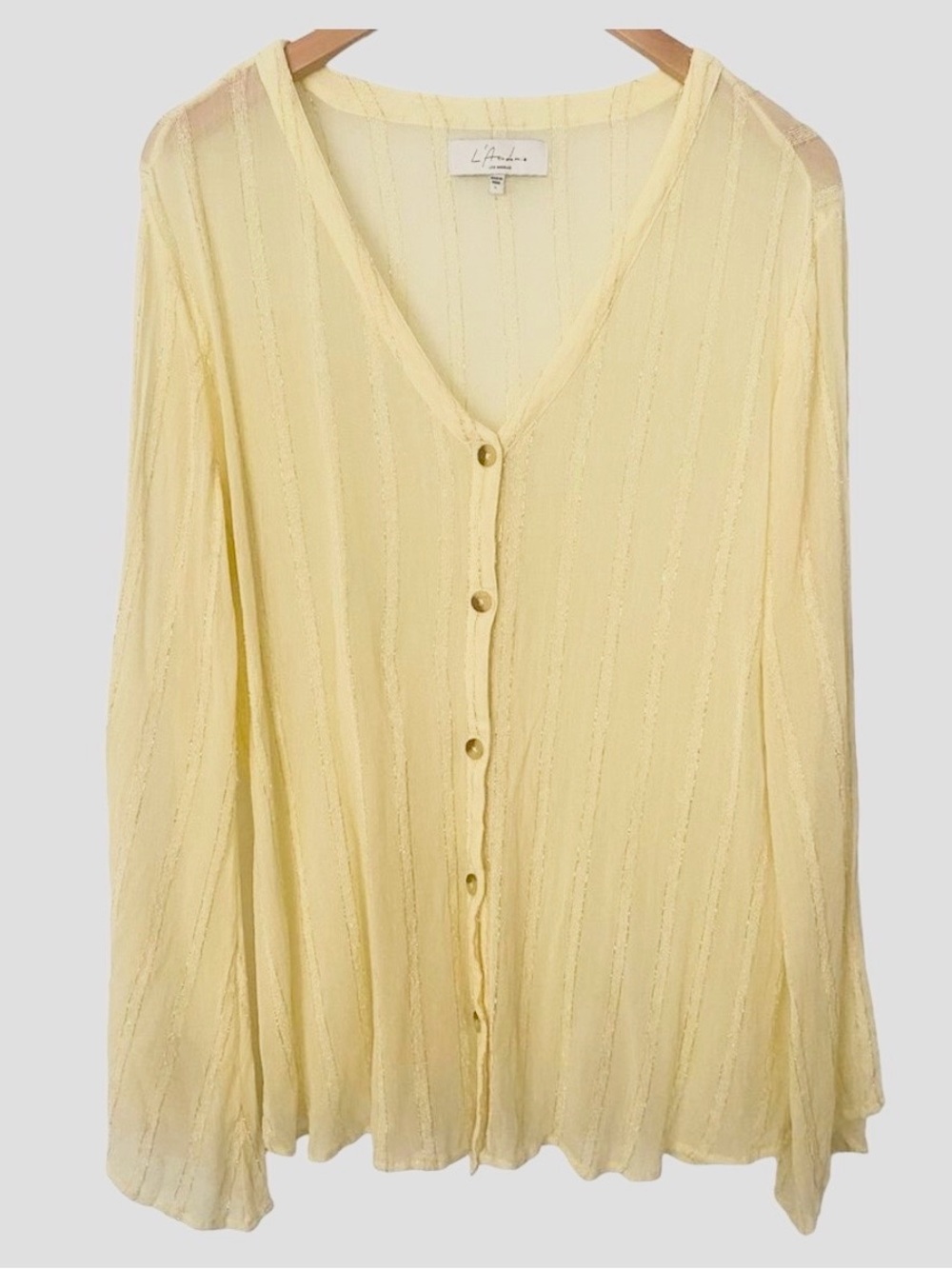 SALE! L’Academie Butter Yellow Boho Fairy Sheer Metallic Blouse Flare Sleeve L